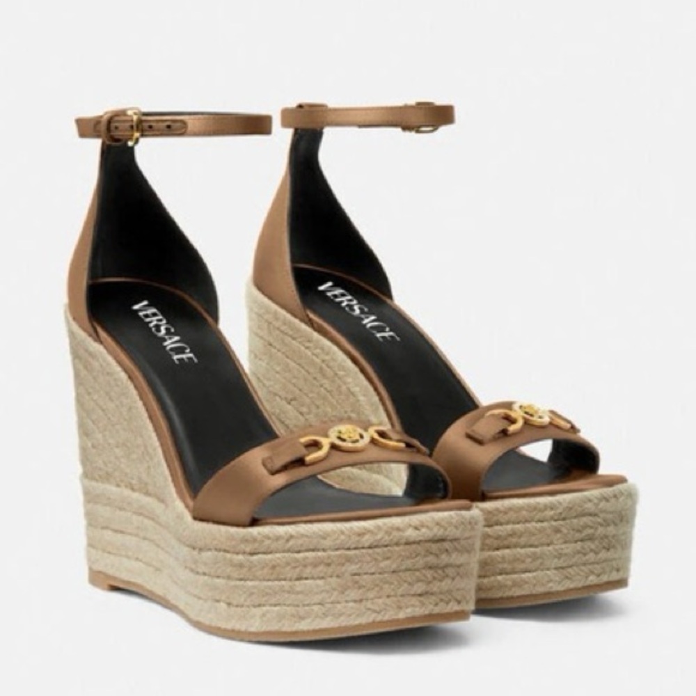Versace Brown and Natural Espadrille Platform Wedge Sandals